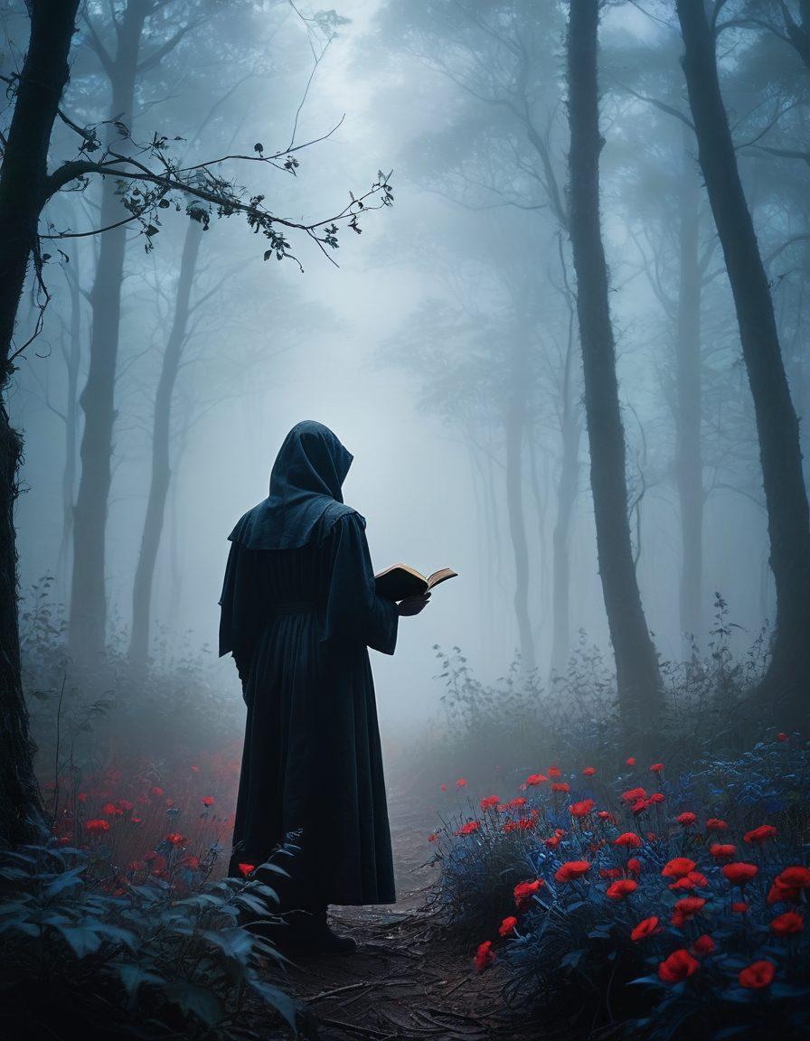 A dark, moody forest shrouded in mist, with a shadowy figure holding an old, tattered book, illuminated by a faint, ghostly light. In the background, silhouettes of twisted trees create an eerie atmosphere, while hints of deep red and blue flowers peek through the gloom. Ethereal wisps of fog swirl around, enhancing the sense of intrigue and sorrow. super-realistic. vibrant colors. painterly texture.