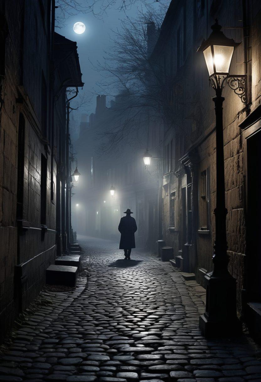 A shadowy figure stands under a dimly lit street lamp, holding an ancient, tattered book, surrounded by misty alleys and faintly glowing eyes peering from the darkness. The book's pages flutter in the wind, revealing cryptic symbols and haunting imagery. A full moon looms overhead, casting eerie shadows across the cobblestone path, hinting at secrets waiting to be uncovered. The overall atmosphere is mysterious and brooding, with tones of deep blue, gray, and hints of crimson. dark and moody. super-realistic. high contrast. atmospheric.